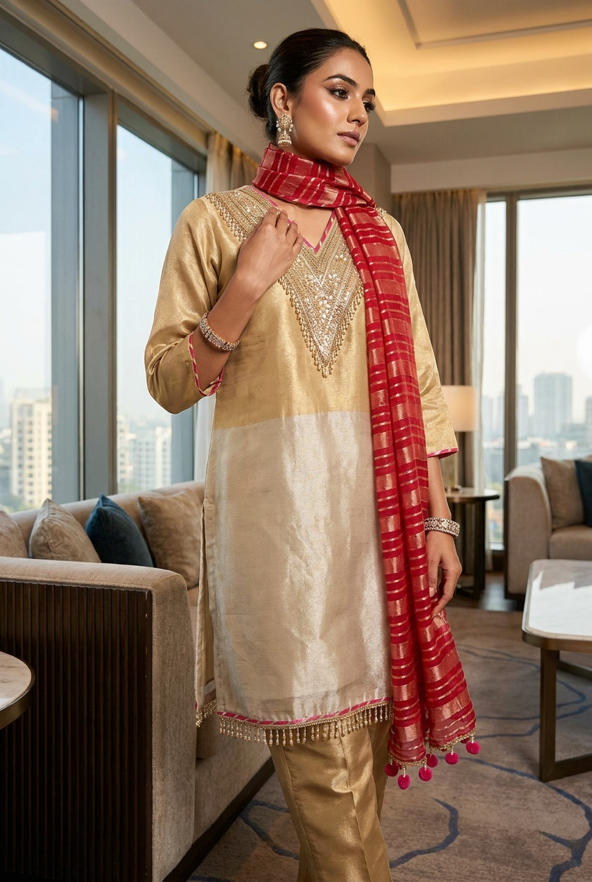 Zareen Tissue Silk Embroidered Gold 3-Piece Set (Devri – D.No 21048)