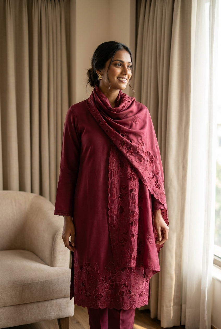 Maroon Roman Silk Embroidered Unstitched 3-Piece Suit (Devri – D.No 13187)
