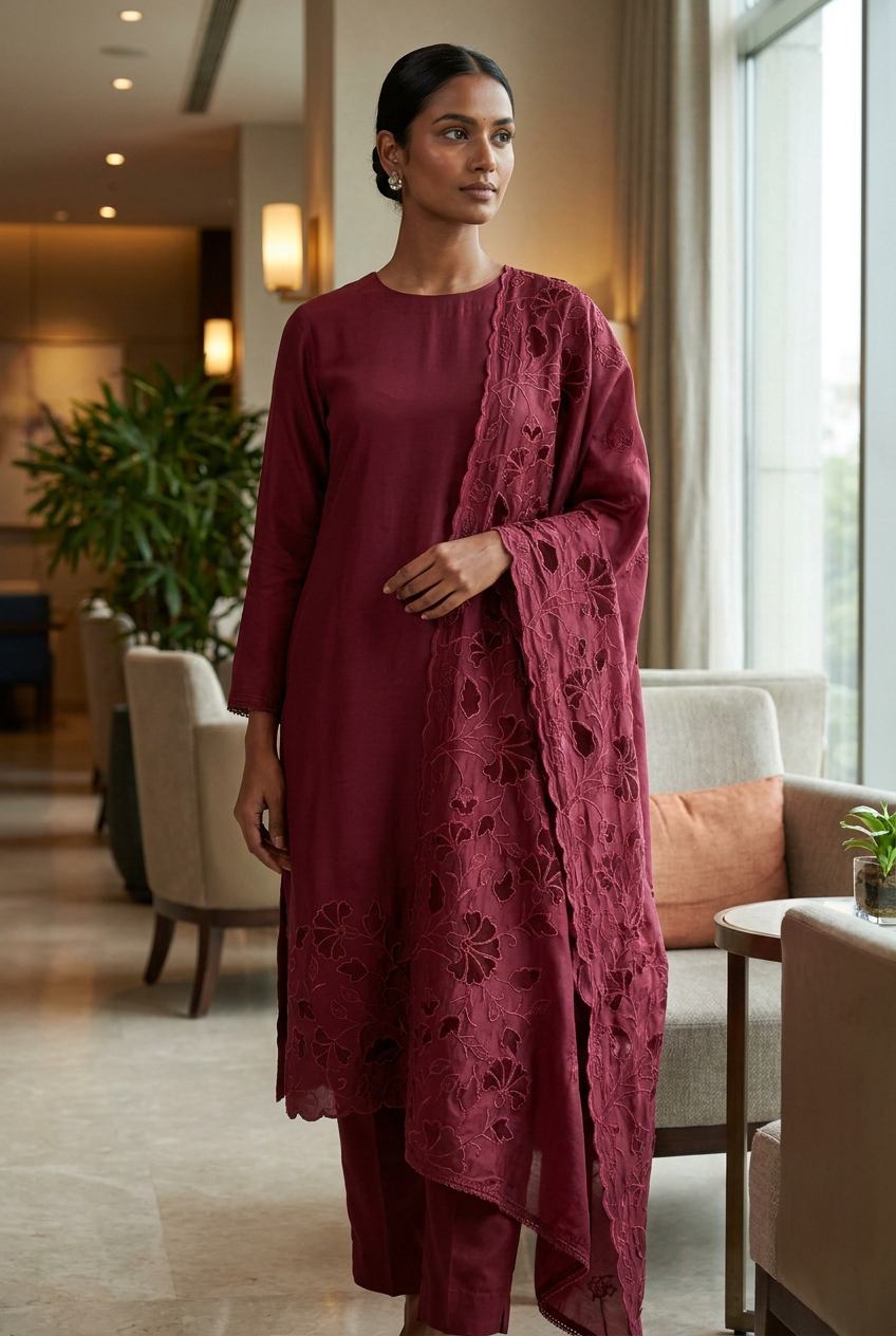 Maroon Roman Silk Embroidered Unstitched 3-Piece Suit (Devri – D.No 13187)