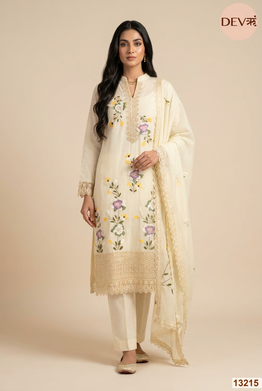 Lemon Mul Chanderi Embroidered Unstitched 3-Piece Suit (Devri – D.No 13215)