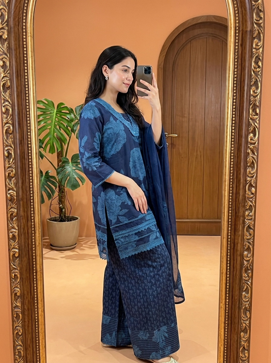 Mehrbano Pure Cotton Printed Navy Blue 3-Piece Set (Devri – D.No 21091)