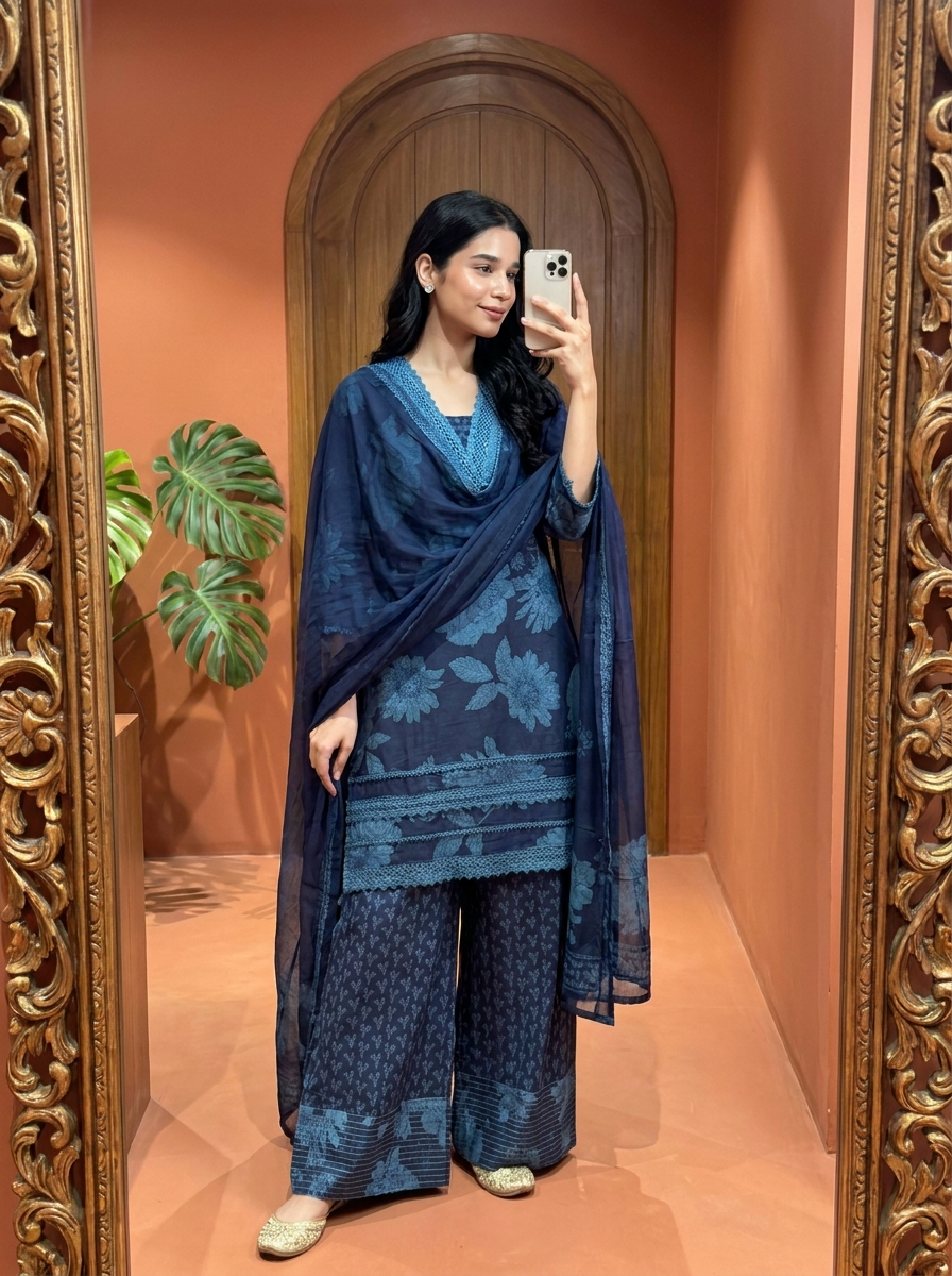 Mehrbano Pure Cotton Printed Navy Blue 3-Piece Set (Devri – D.No 21091)