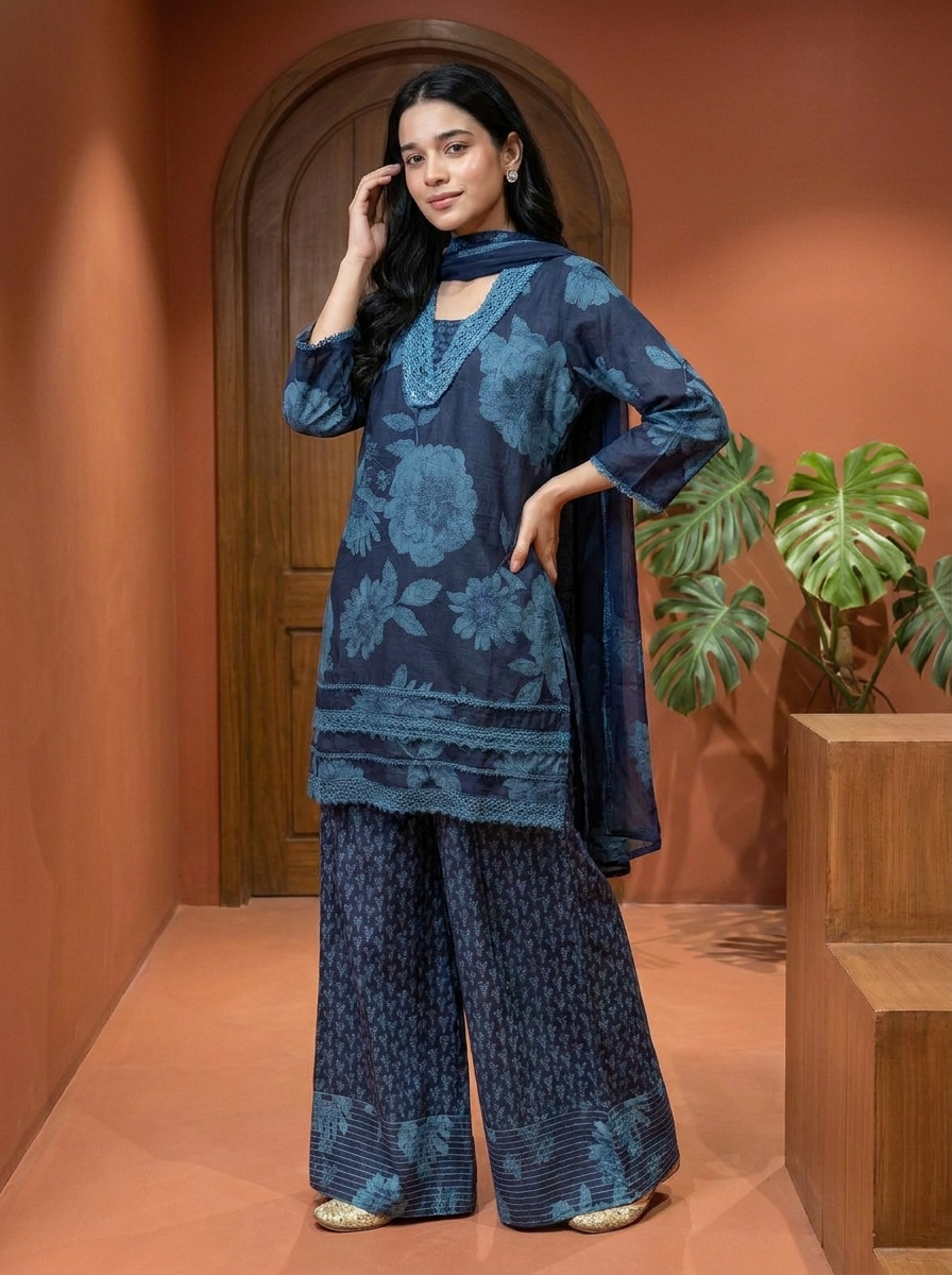 Mehrbano Pure Cotton Printed Navy Blue 3-Piece Set (Devri – D.No 21091)