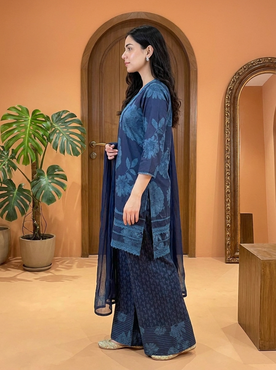 Mehrbano Pure Cotton Printed Navy Blue 3-Piece Set (Devri – D.No 21091)