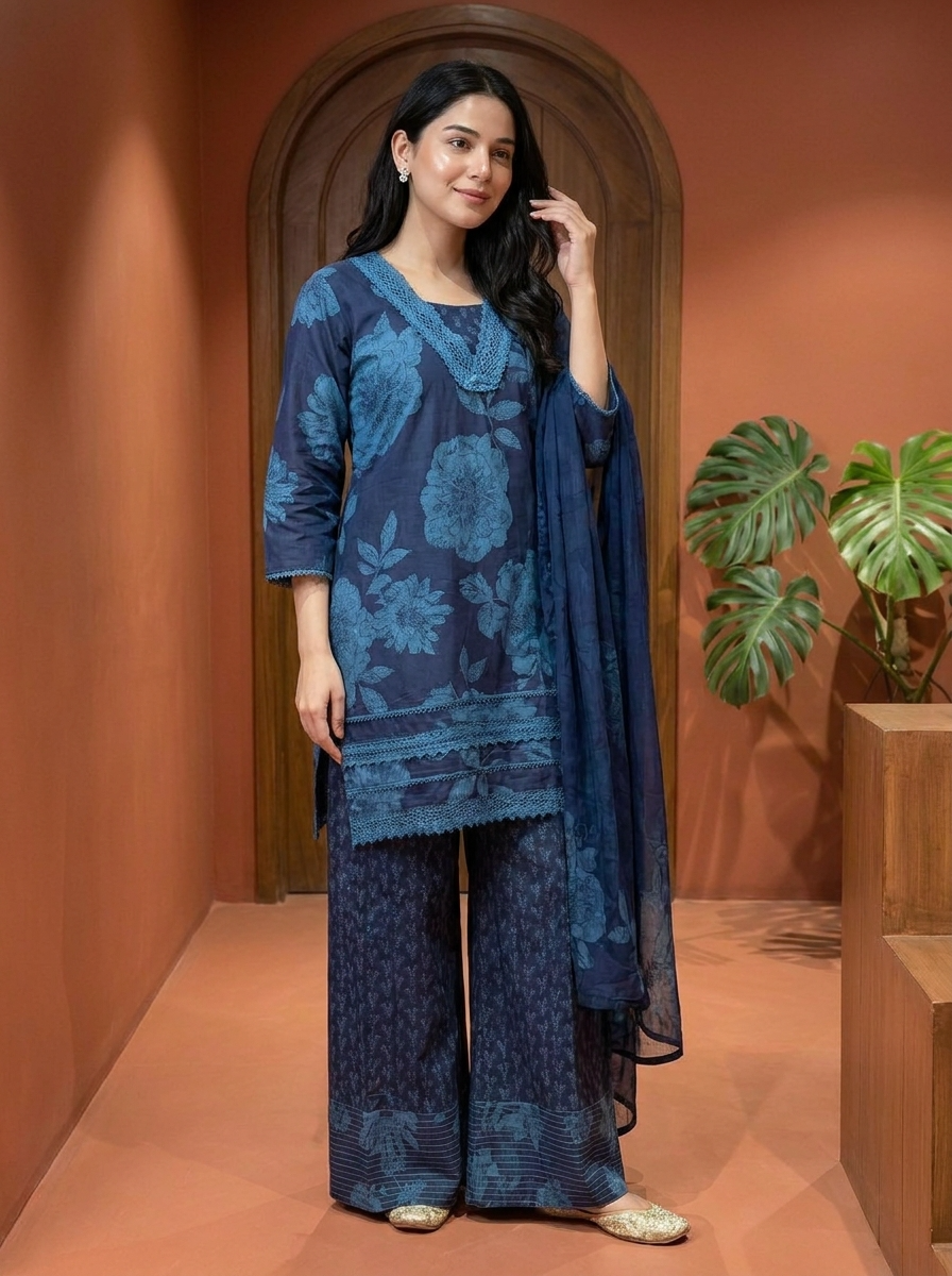 Mehrbano Pure Cotton Printed Navy Blue 3-Piece Set (Devri – D.No 21091)