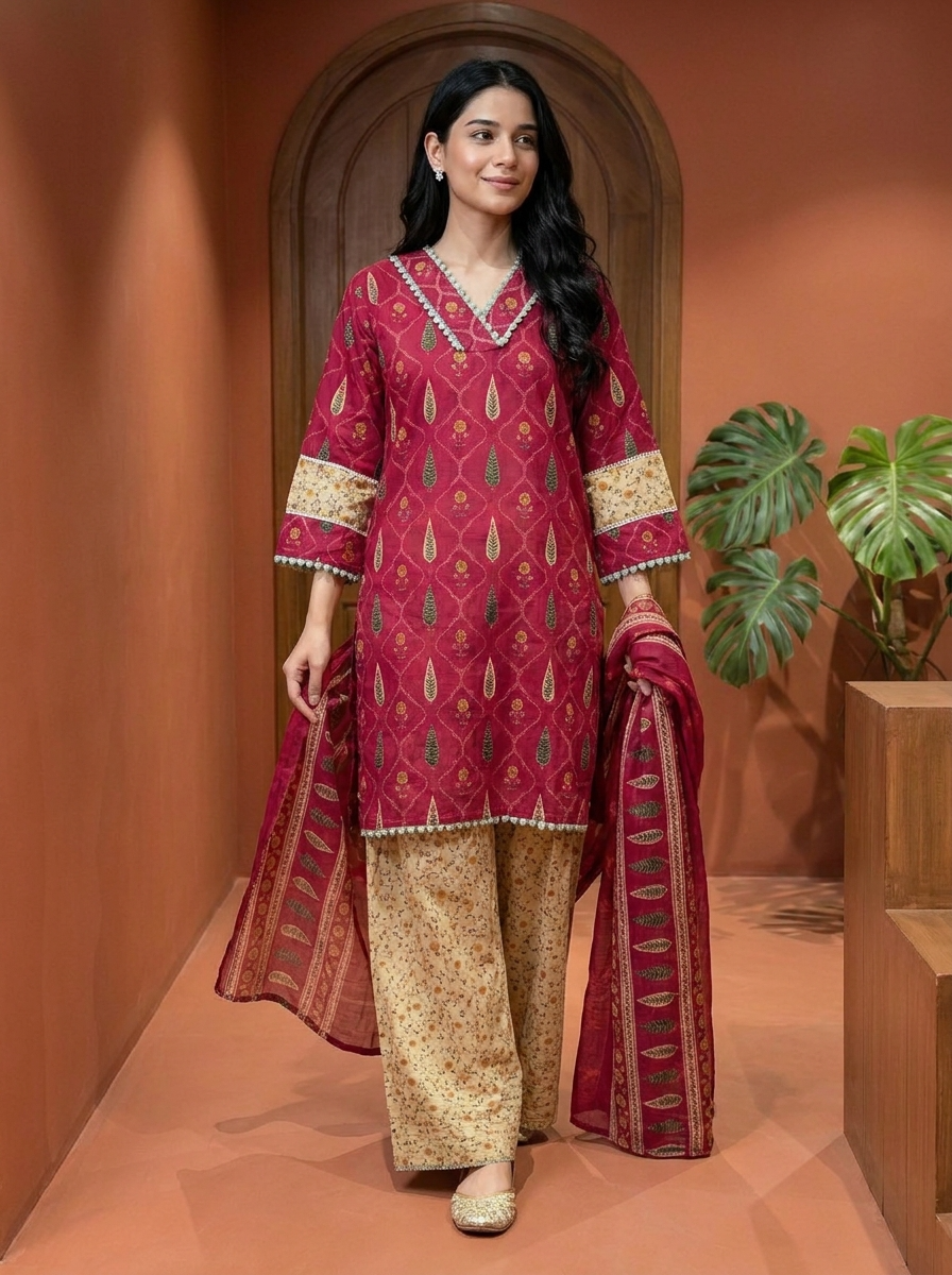 Gulnaar Pure Cotton Printed Magenta 3-Piece Set (Devri – D.No 21092)