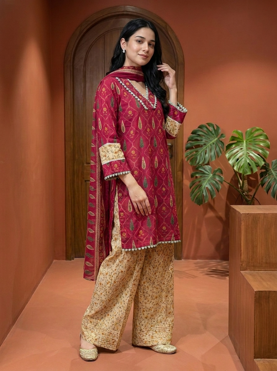 Gulnaar Pure Cotton Printed Magenta 3-Piece Set (Devri – D.No 21092)