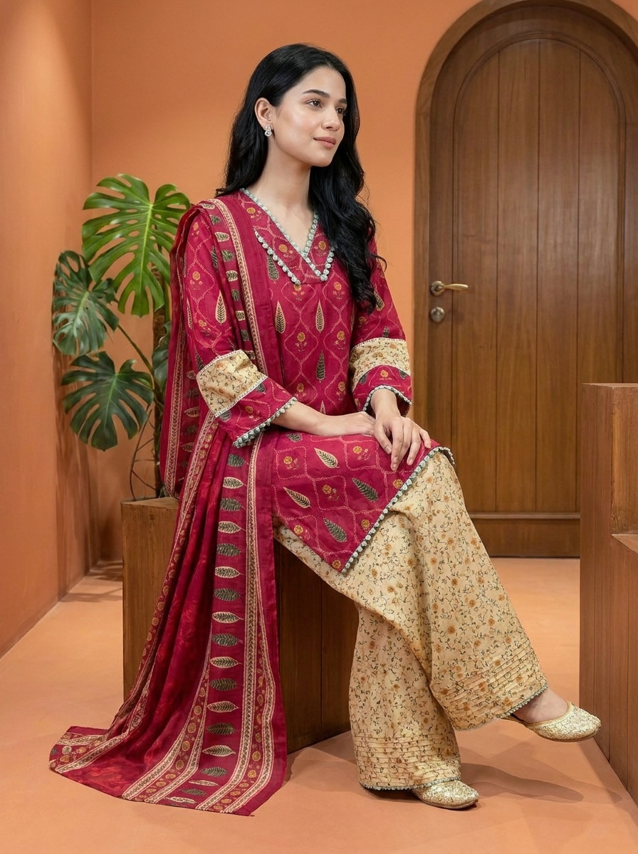 Gulnaar Pure Cotton Printed Magenta 3-Piece Set (Devri – D.No 21092)