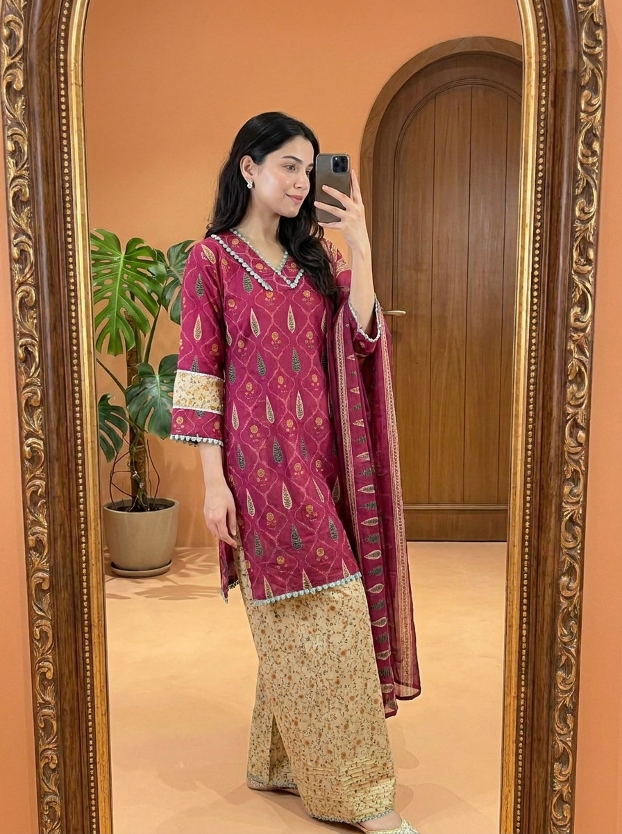 Gulnaar Pure Cotton Printed Magenta 3-Piece Set (Devri – D.No 21092)