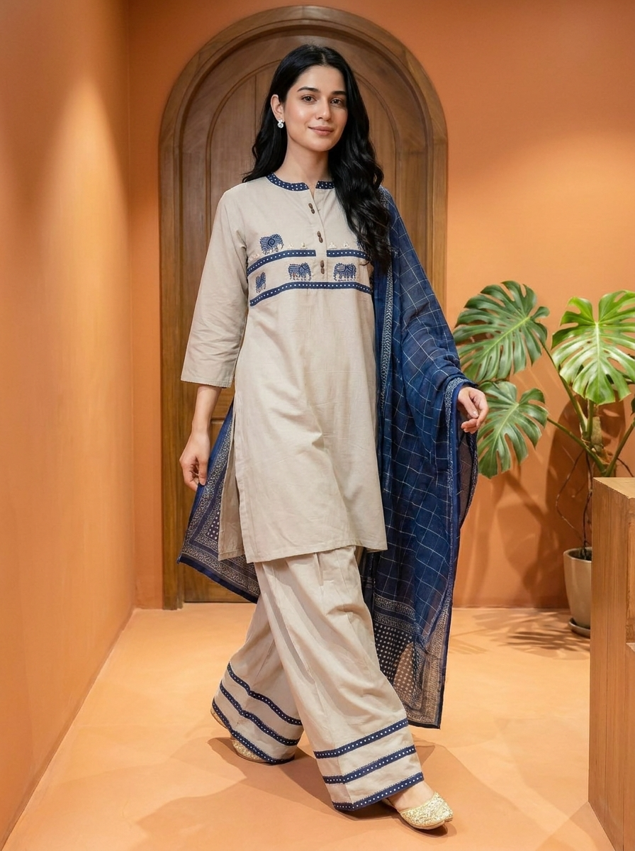 Neelambari Pure Cotton Embroidered Off White 3-Piece Set (Devri – D.No 13464)