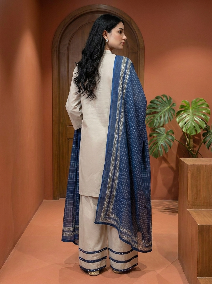 Neelambari Pure Cotton Embroidered Off White 3-Piece Set (Devri – D.No 13464)