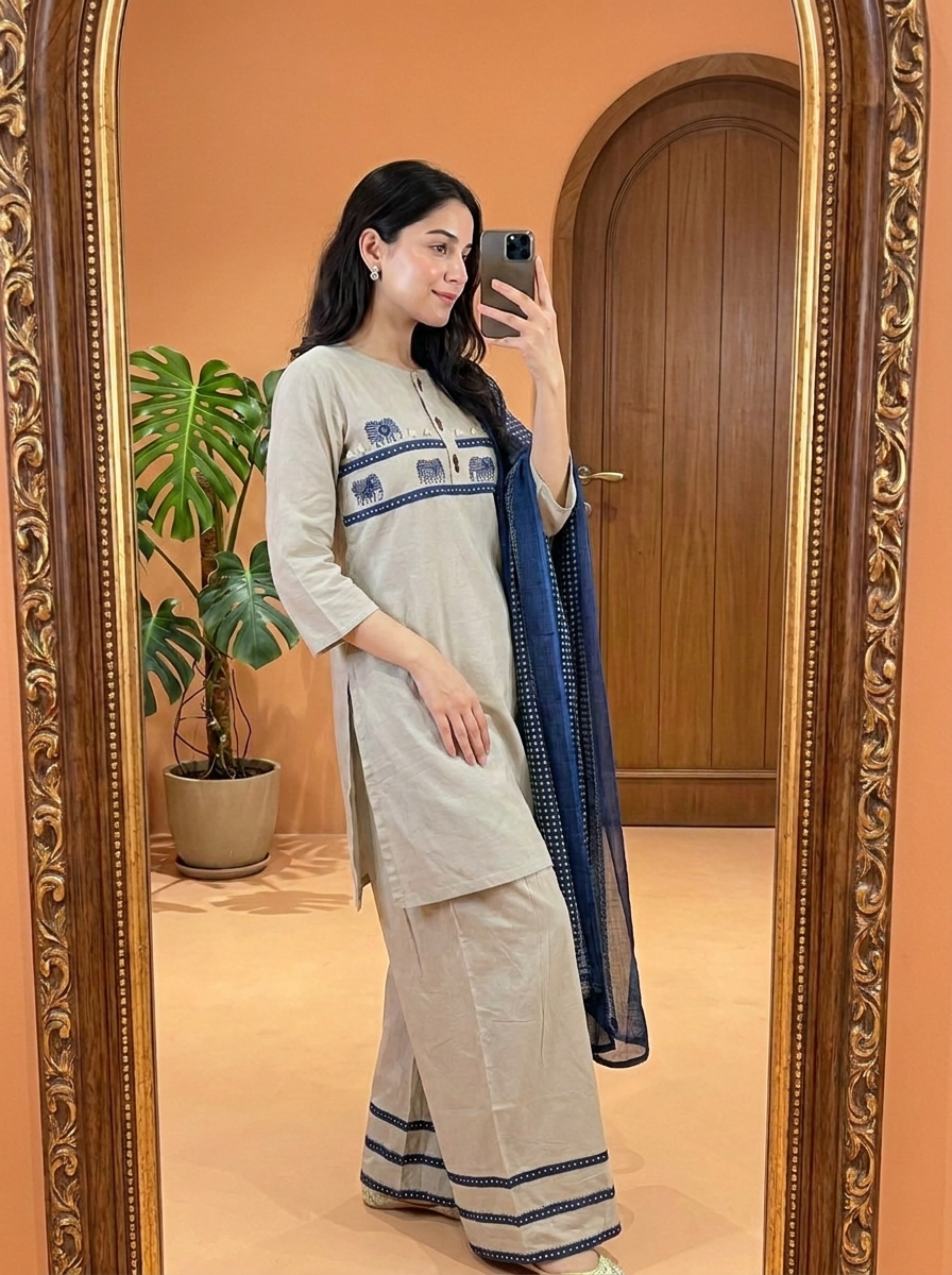 Neelambari Pure Cotton Embroidered Off White 3-Piece Set (Devri – D.No 13464)