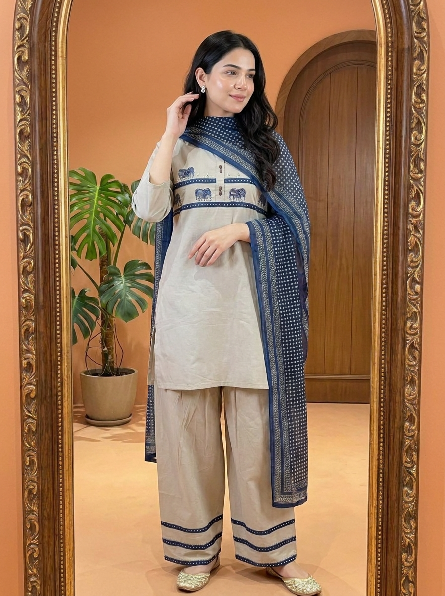 Neelambari Pure Cotton Embroidered Off White 3-Piece Set (Devri – D.No 13464)