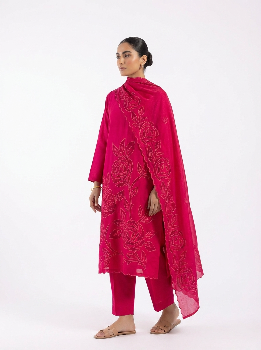 Deep Pink Mul Chanderi Embroidered Unstitched 3-Piece Suit (Devri – D.No 12324)