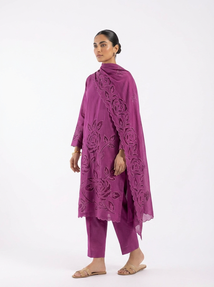 Magenta Mul Chanderi Embroidered Unstitched 3-Piece Suit (Devri – D.No 12326)