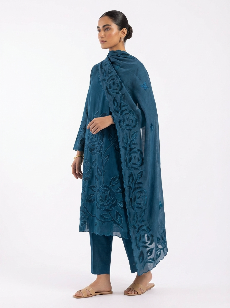 Teal Mul Chanderi Embroidered Unstitched 3-Piece Suit (Devri – D.No 12323)