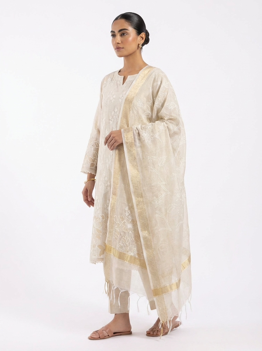 Cream Kota silk Embroidered Unstitched 3-Piece Suit (Devri – D.No 12955)
