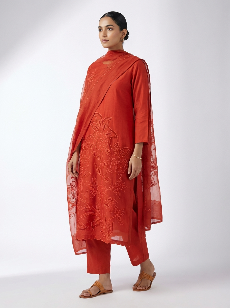 Rust Modal Silk Embroidered Unstitched 3-Piece Suit (Devri – D.No 12395)