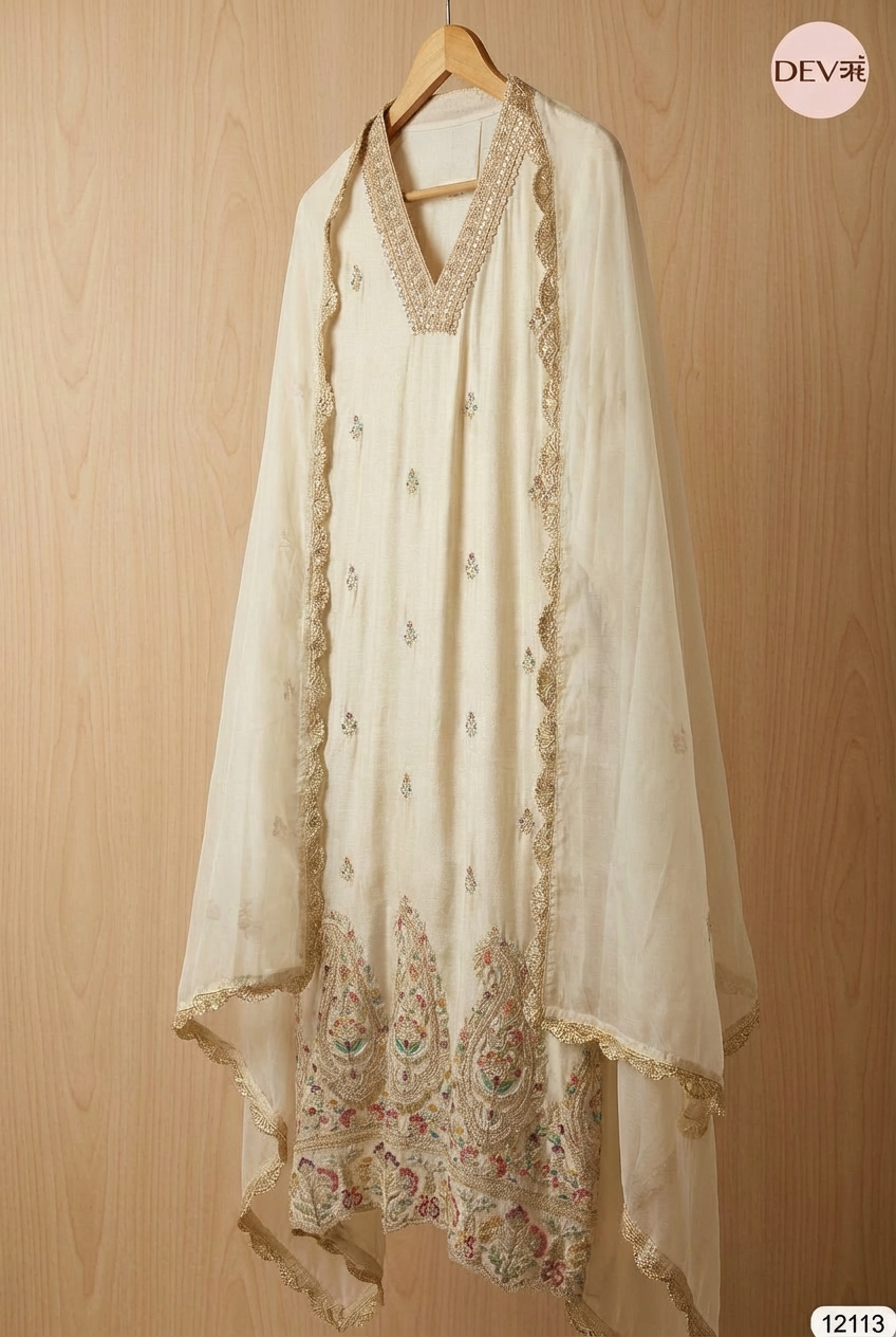 Ivory Tissue Shimmer Silk Embroidered Unstitched 3-Piece Suit (Devri – D.No 12113)