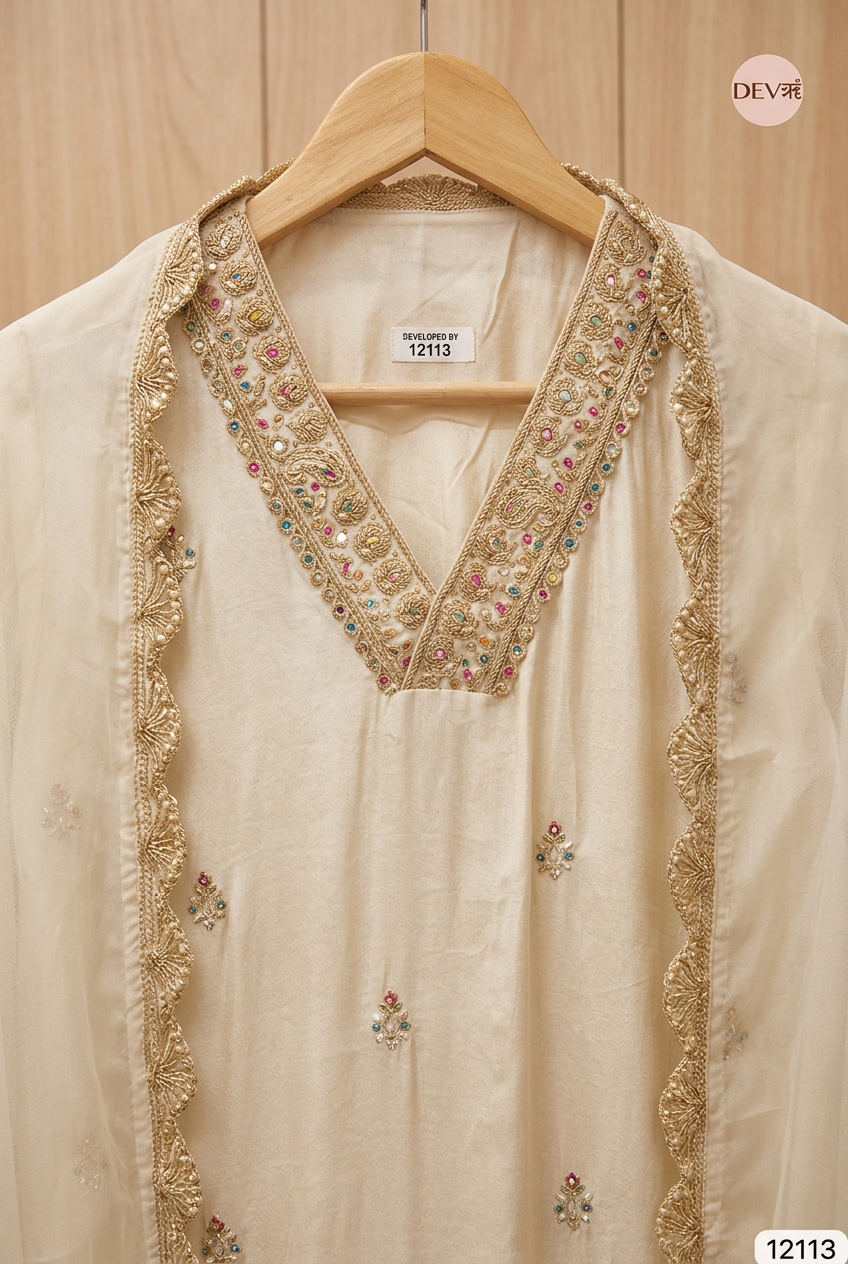 Ivory Tissue Shimmer Silk Embroidered Unstitched 3-Piece Suit (Devri – D.No 12113)