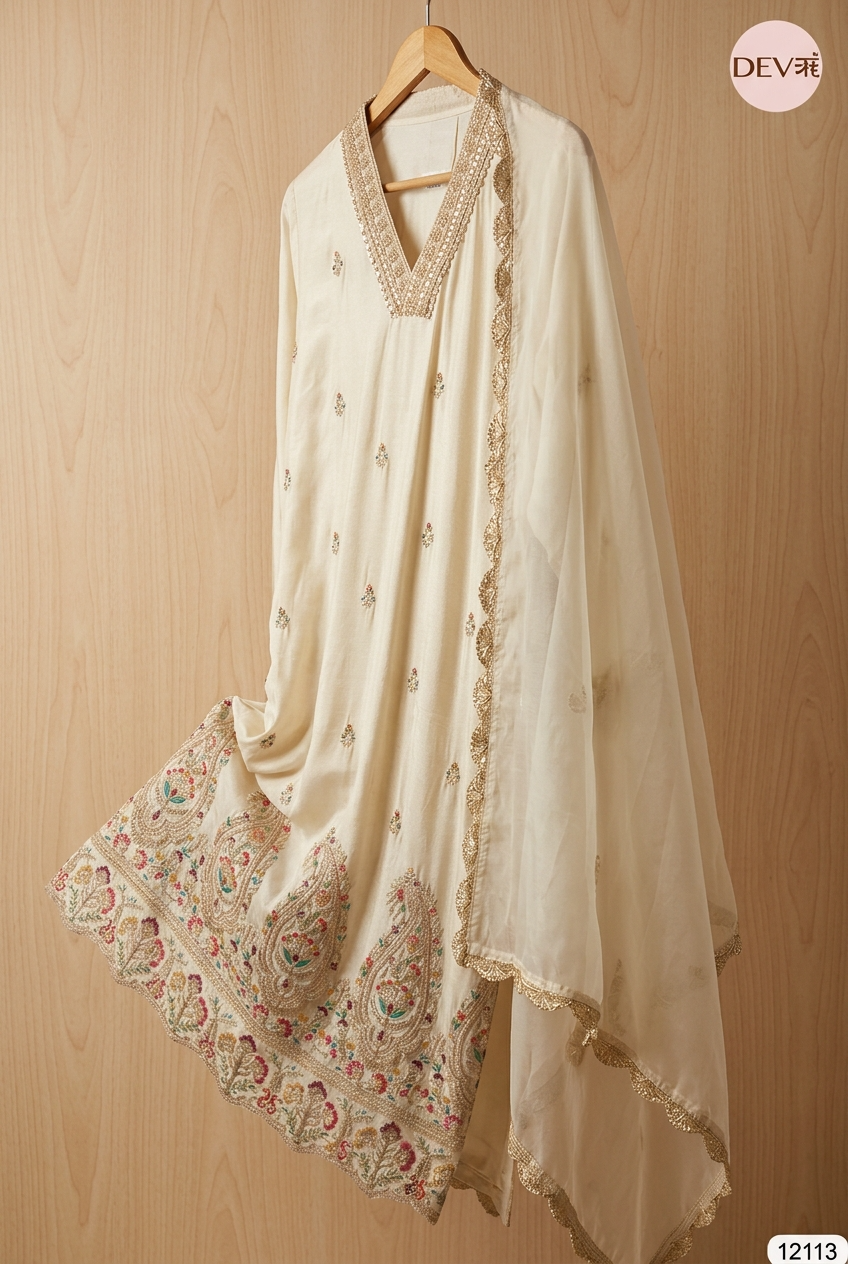 Ivory Tissue Shimmer Silk Embroidered Unstitched 3-Piece Suit (Devri – D.No 12113)