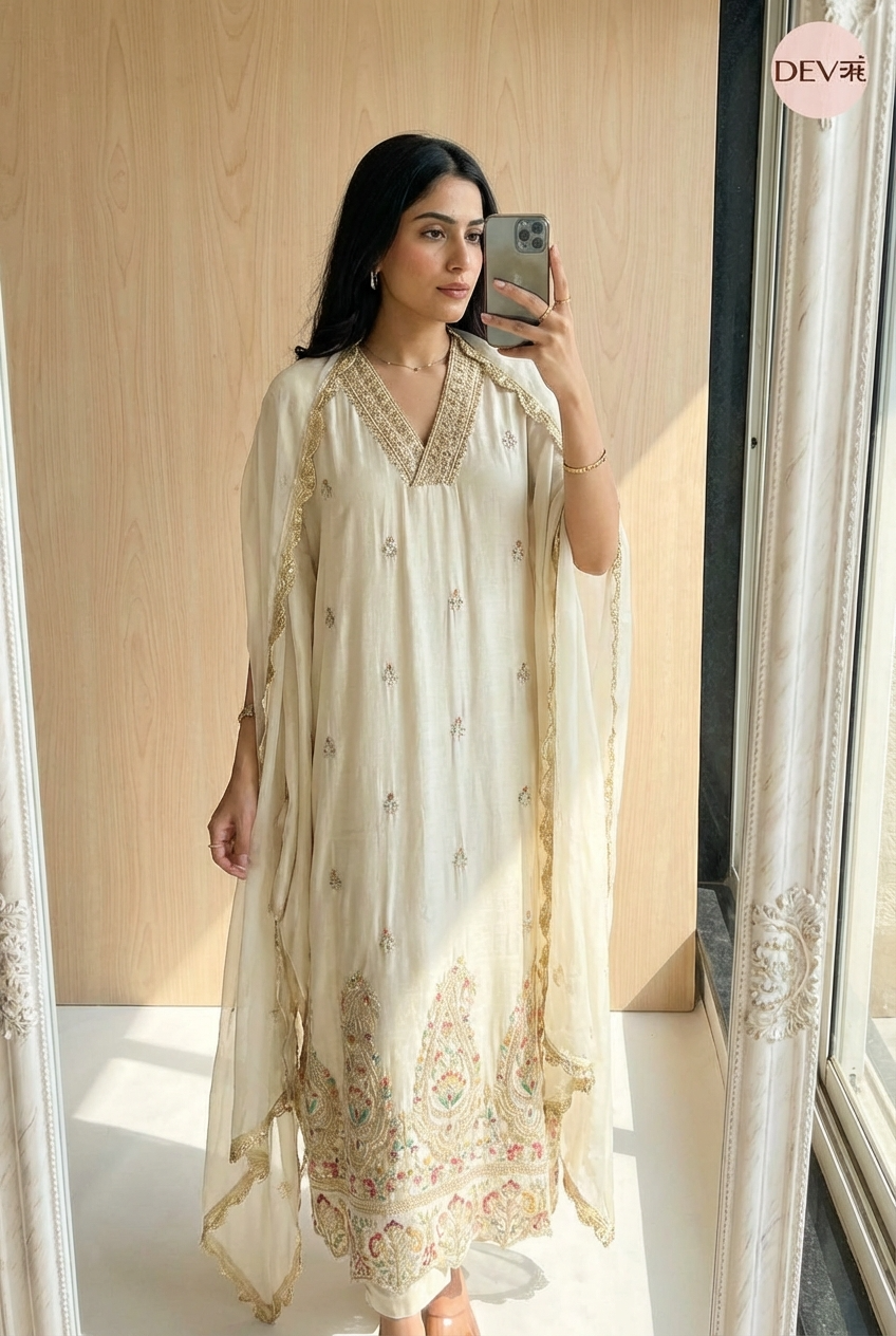 Ivory Tissue Shimmer Silk Embroidered Unstitched 3-Piece Suit (Devri – D.No 12113)
