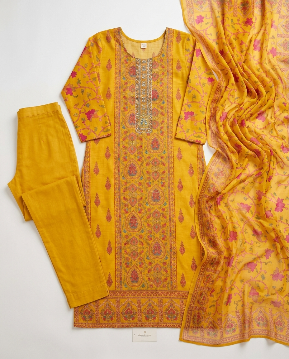 Suhani Pure Modal Silk Printed Yellow 3-Piece Set (Devri – D.No 1040)