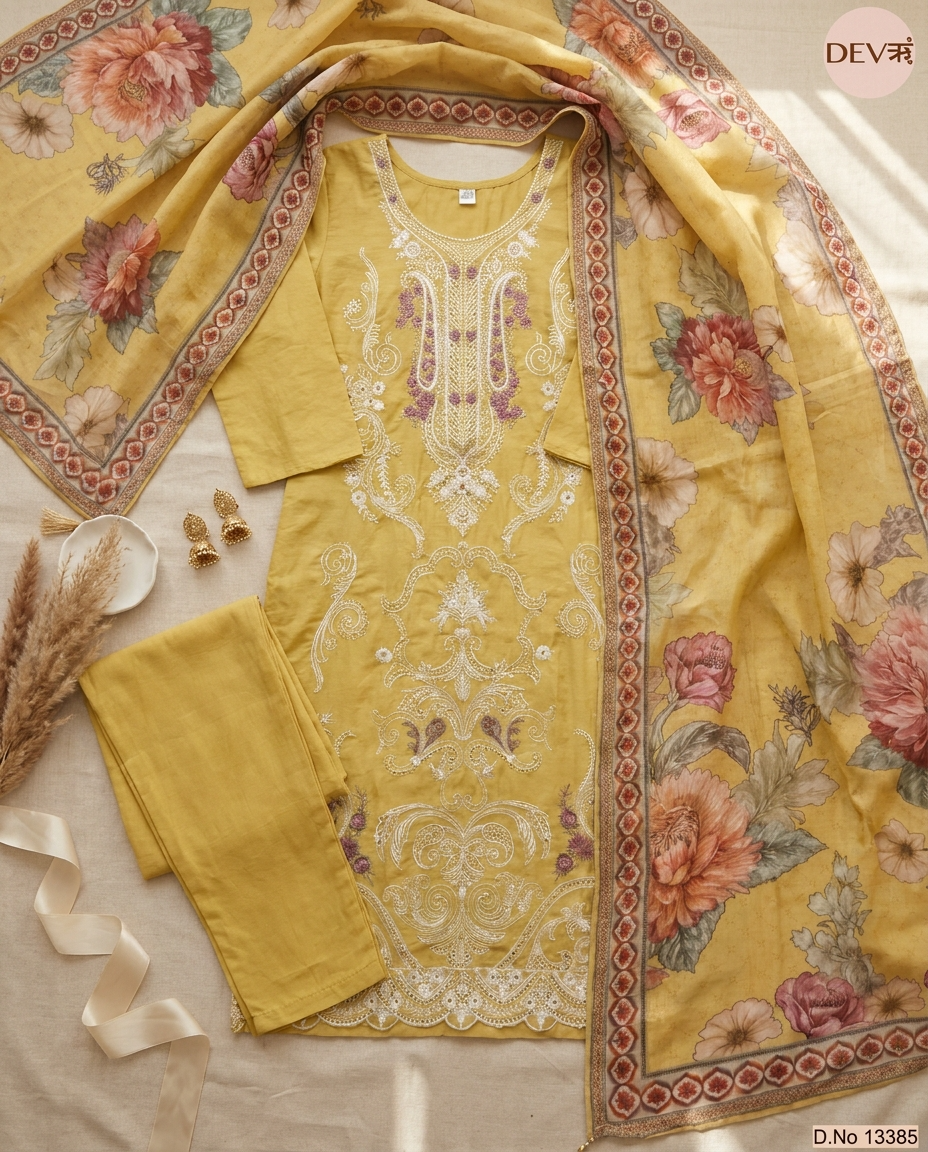 Gulnaar Pure Mul Cotton Embroidered Yellow 3-Piece Set (Devri – D.No 13385)