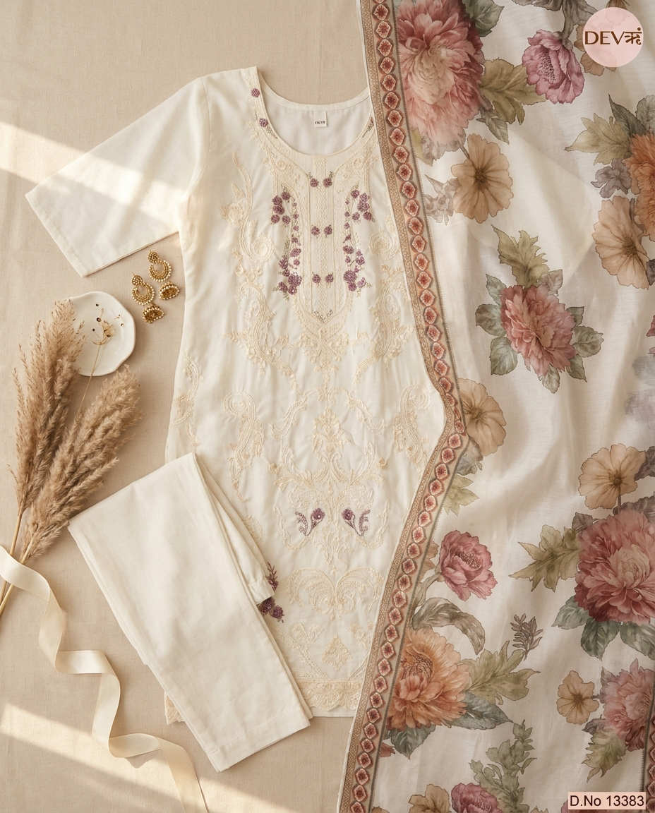 Gulnaar Pure Mul Cotton Embroidered Off-White 3-Piece Set (Devri – D.No 13383)
