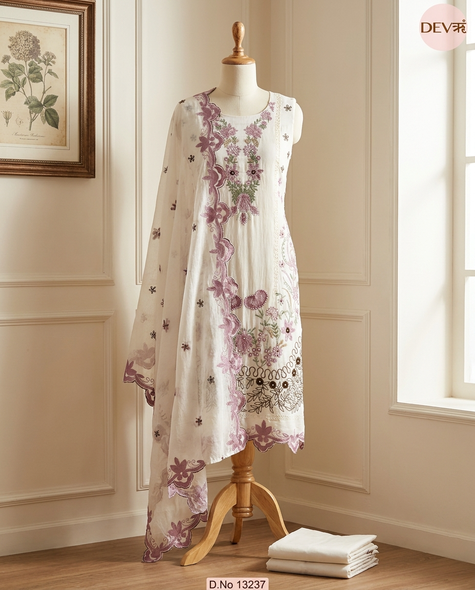 Off White Mul Cotton Embroidered Unstitched 3-Piece Suit (Devri – D.No 13237)