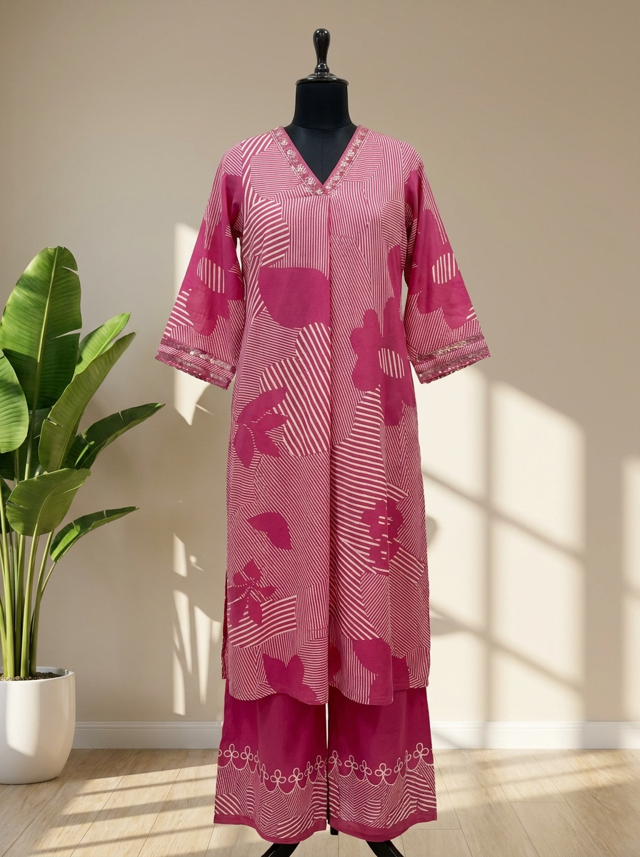 Sana German Reyon Printed Pink 2-Piece Set (Devri – D.No 20072)