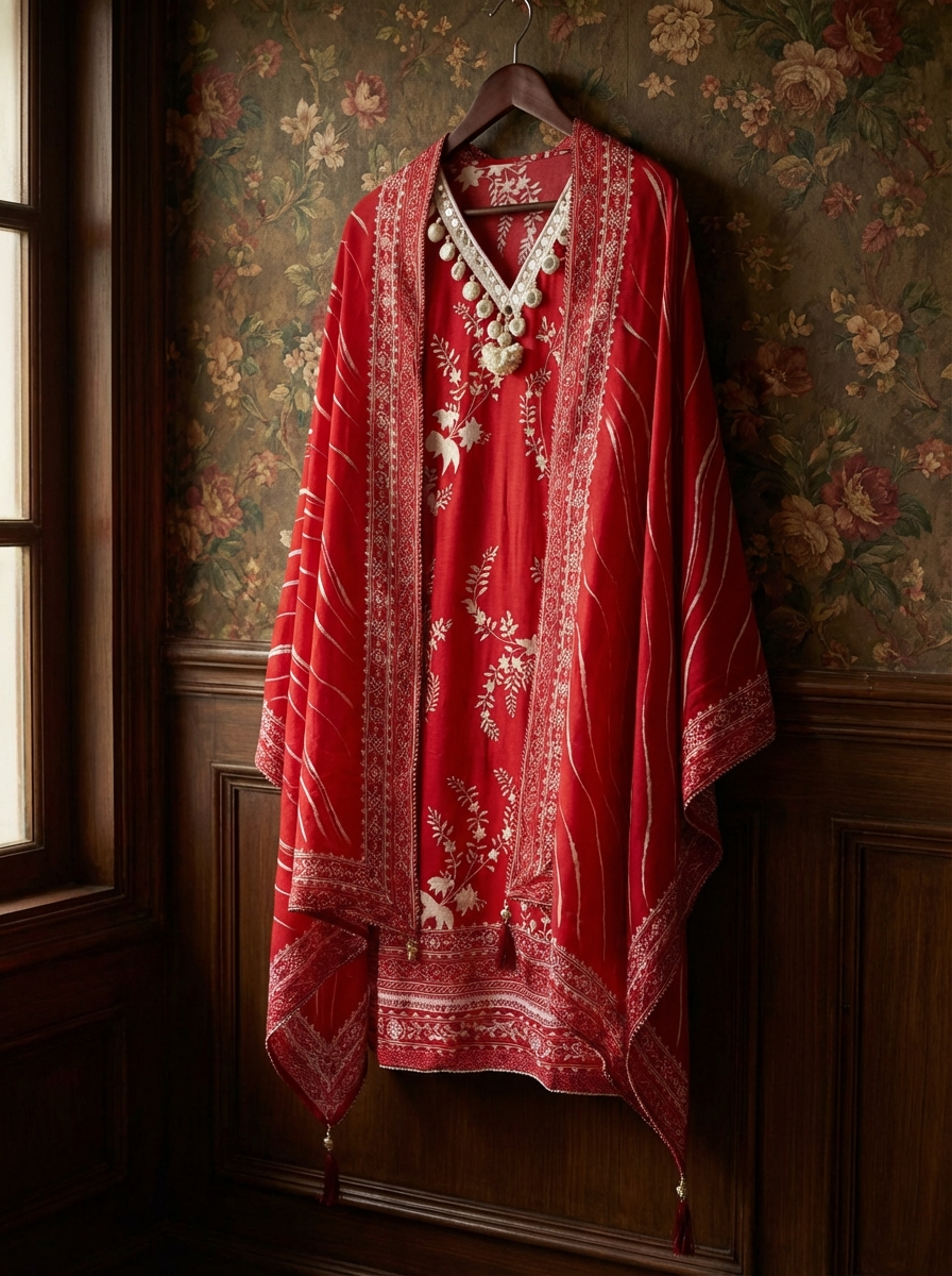 Red Russian Silk Printed Unstitched 3-Piece Suit (Devri – D.No11770)