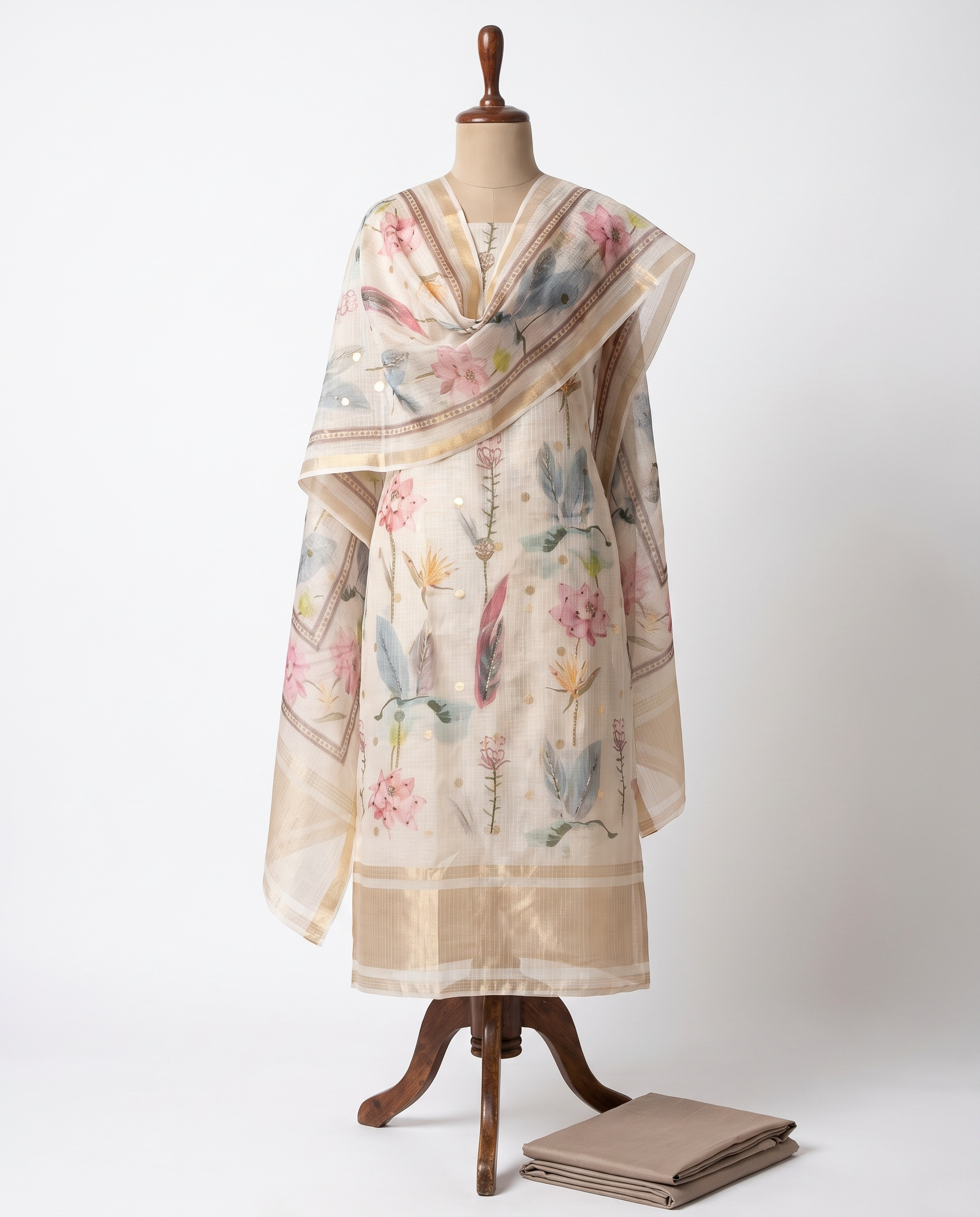 Beige Linen Cotton Floral Unstitched 3-Piece Suit (Devri – D.No 12595)