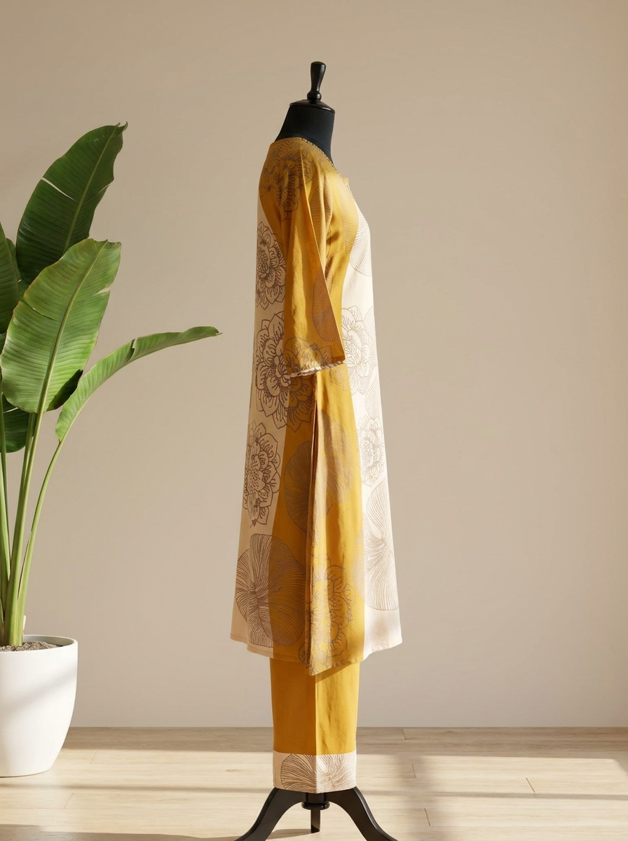 Gulnaar German reyon Printed Mustard 2-Piece Set (Devri – D.No 21021)