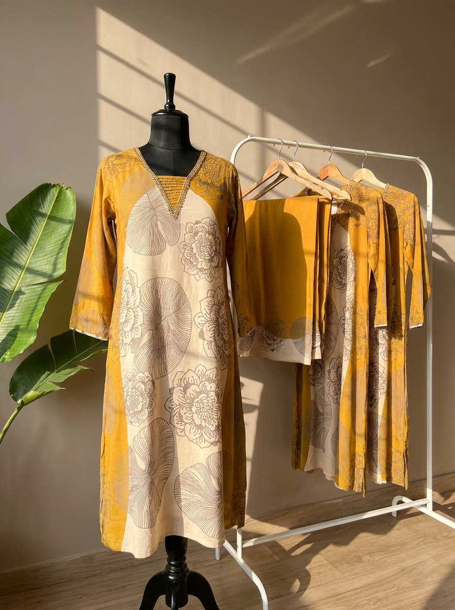 Gulnaar German reyon Printed Mustard 2-Piece Set (Devri – D.No 21021)