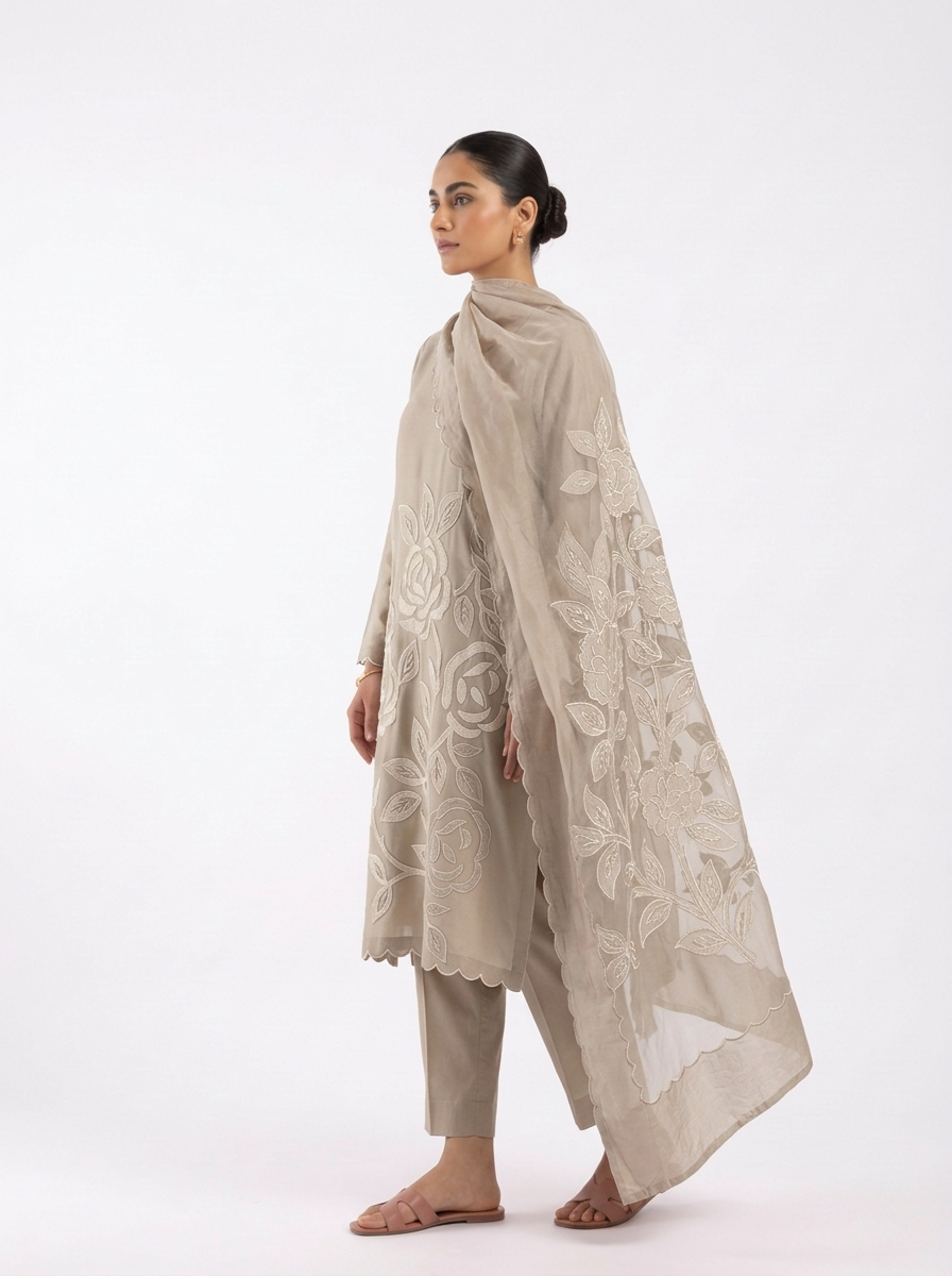 Beige Roman Silk Embroidered Unstitched 3-Piece Suit (Devri – D.No 13000)