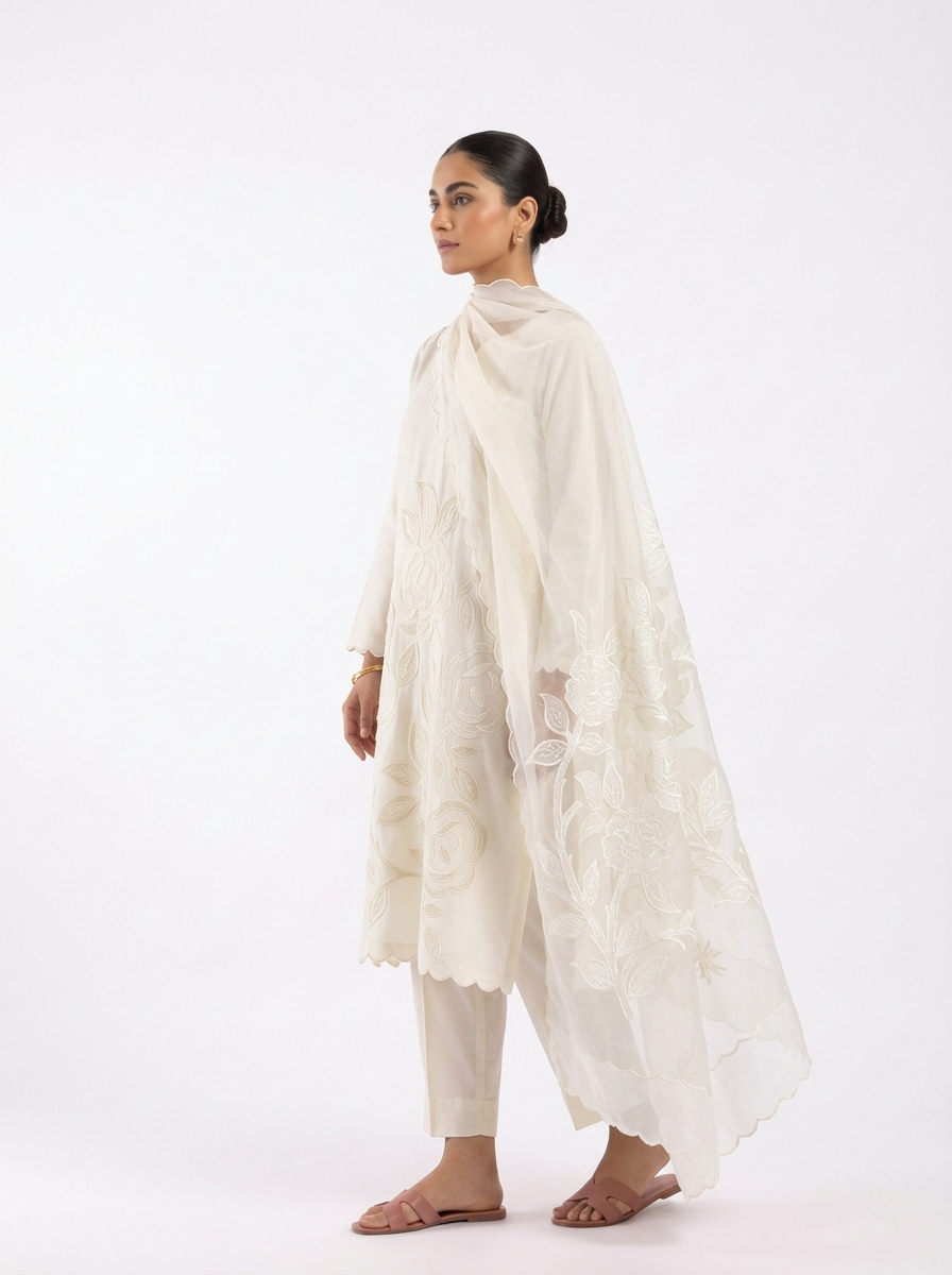 Cream Roman Silk Embroidered Unstitched 3-Piece Suit (Devri – D.No 13002)