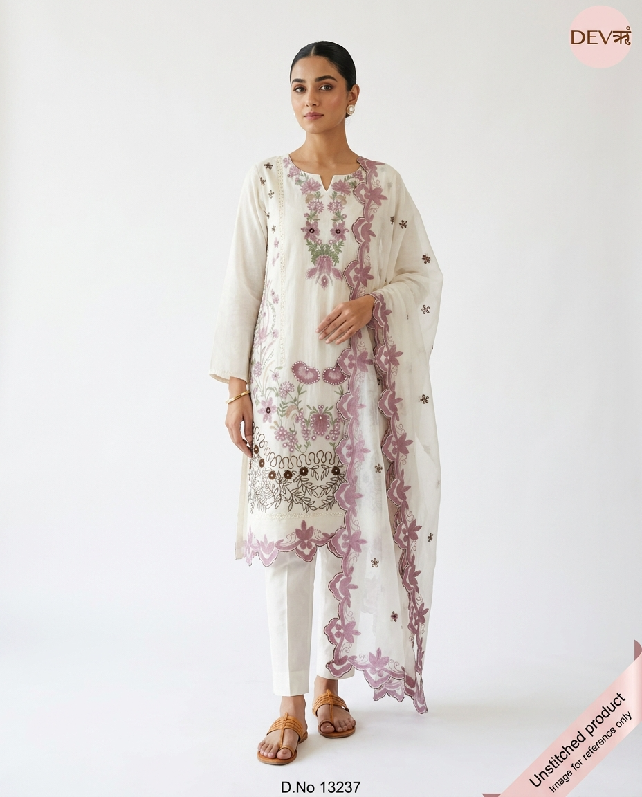 Off White Mul Cotton Embroidered Unstitched 3-Piece Suit (Devri – D.No 13237)