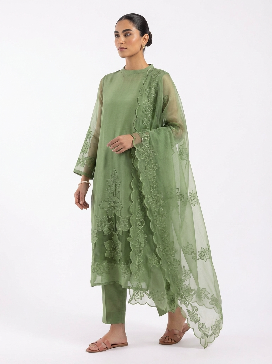 Green Roman Silk Embroidered Unstitched 3-Piece Suit (Devri – D.No 12965)