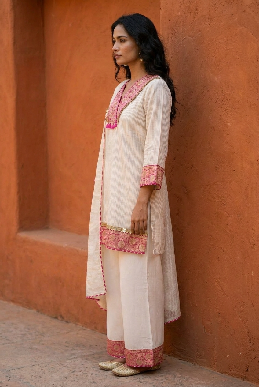 Gulnaar Tissue Silk Embroidered Ivory 3-Piece Set (Devri – D.No 21085)
