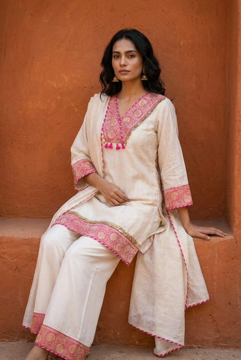 Gulnaar Tissue Silk Embroidered Ivory 3-Piece Set (Devri – D.No 21085)