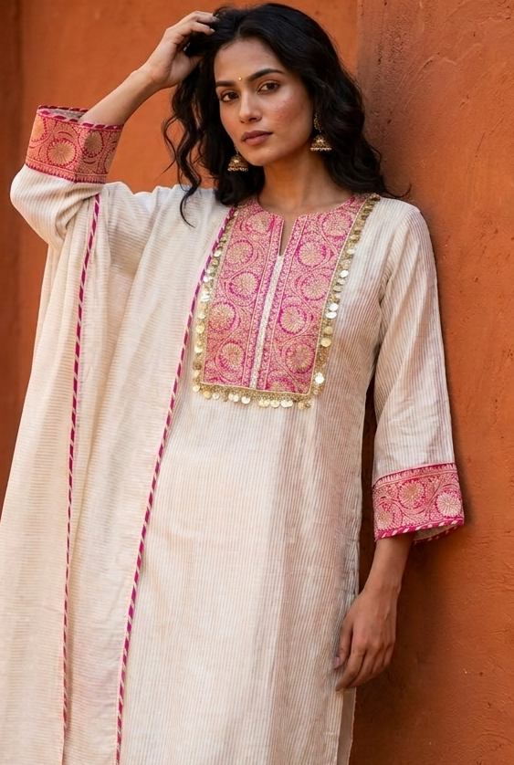 Gulnaar Tissue Silk Embroidered Ivory 3-Piece Set (Devri – D.No 21086)