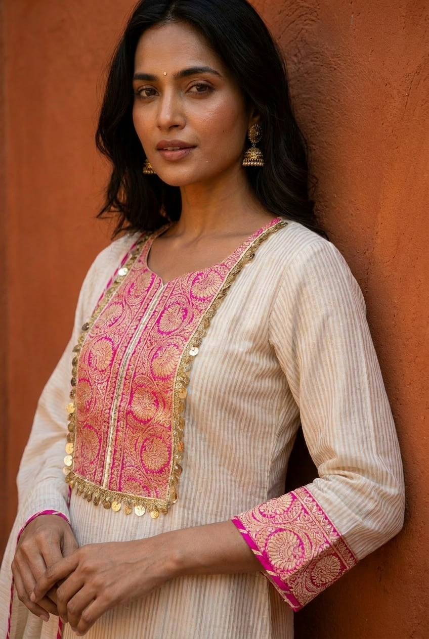 Gulnaar Tissue Silk Embroidered Ivory 3-Piece Set (Devri – D.No 21086)