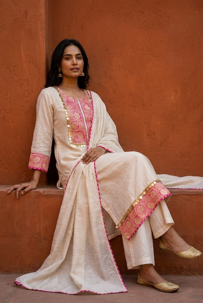 Gulnaar Tissue Silk Embroidered Ivory 3-Piece Set (Devri – D.No 21086)