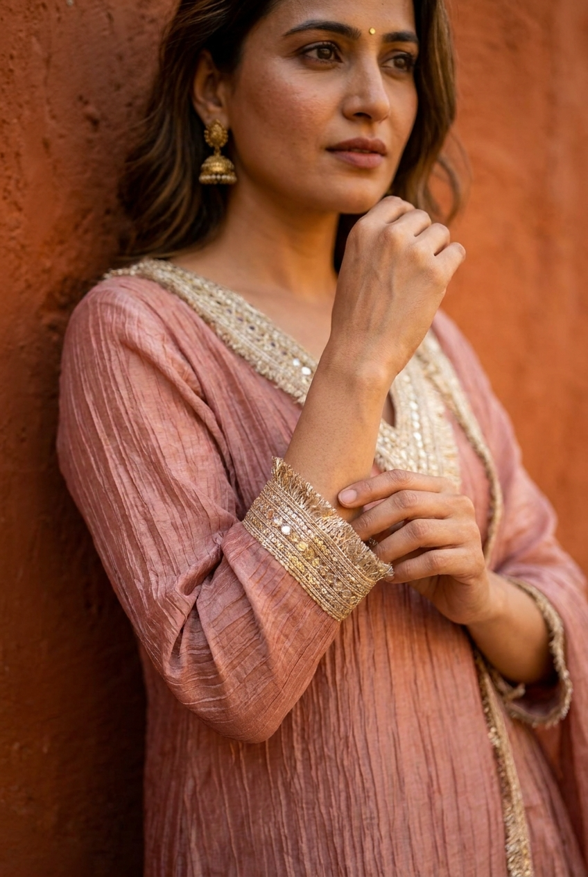 Gulnaar Tissue Crush Embroidered Rose Gold 3-Piece Set (Devri – D.No 13476)