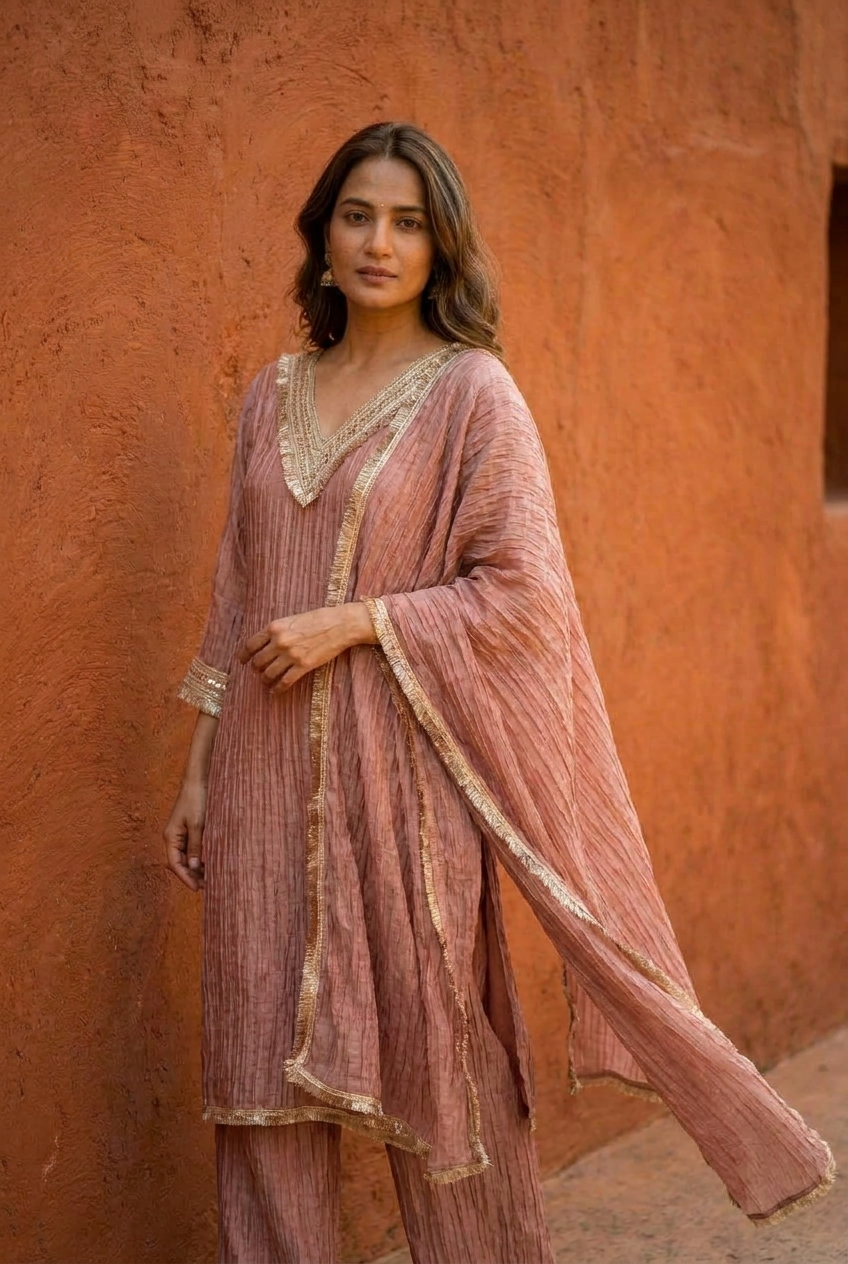 Gulnaar Tissue Crush Embroidered Rose Gold 3-Piece Set (Devri – D.No 13476)
