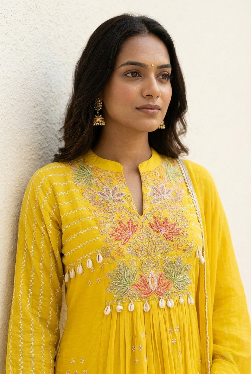 Gulnaar Mul Chanderi Embroidered Yellow 3-Piece Set (Devri – D.No 21087)