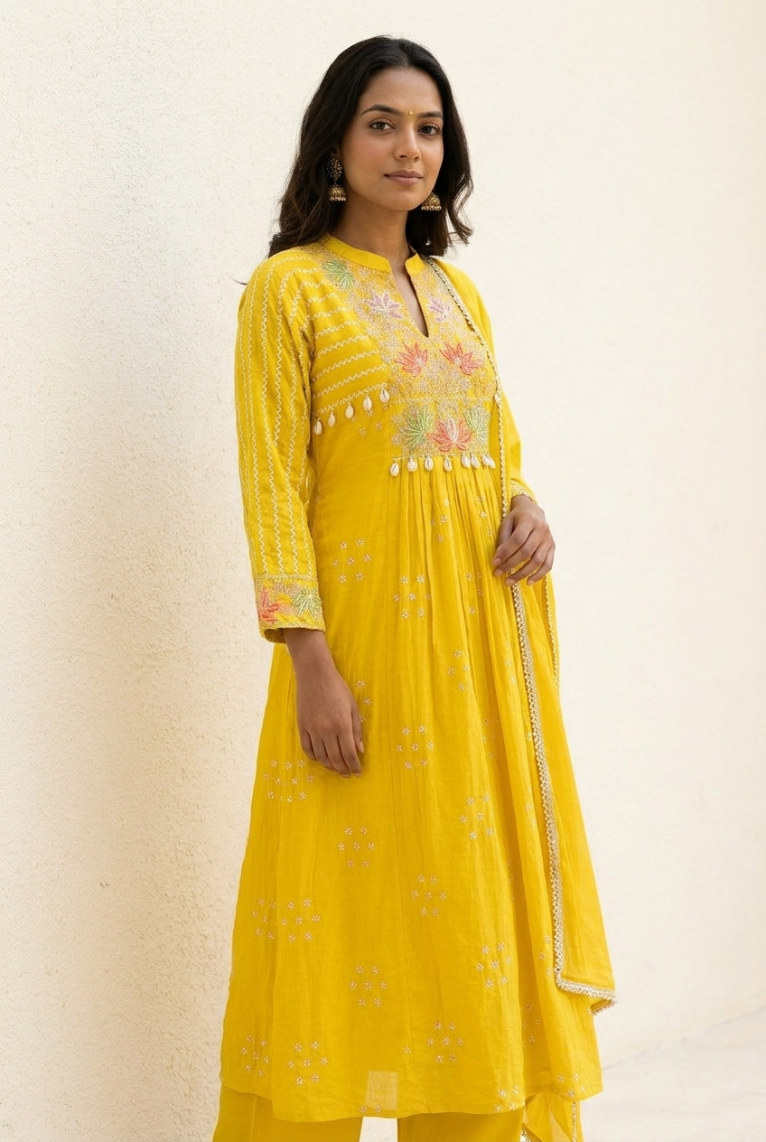 Gulnaar Mul Chanderi Embroidered Yellow 3-Piece Set (Devri – D.No 21087)