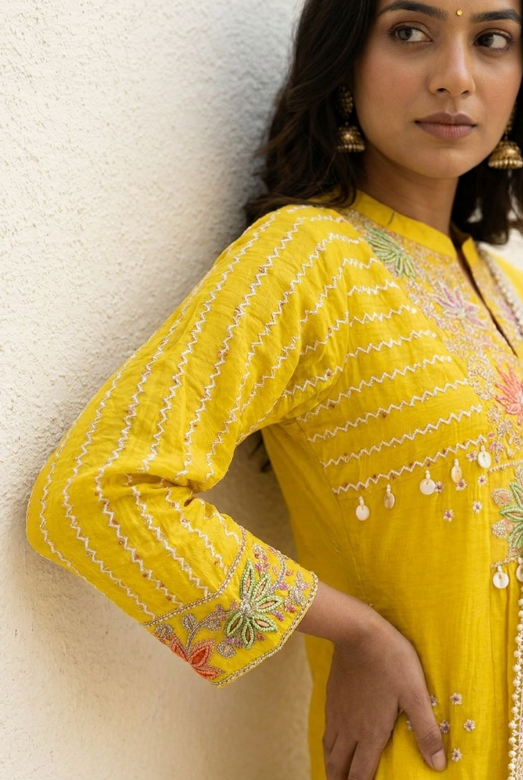 Gulnaar Mul Chanderi Embroidered Yellow 3-Piece Set (Devri – D.No 21087)