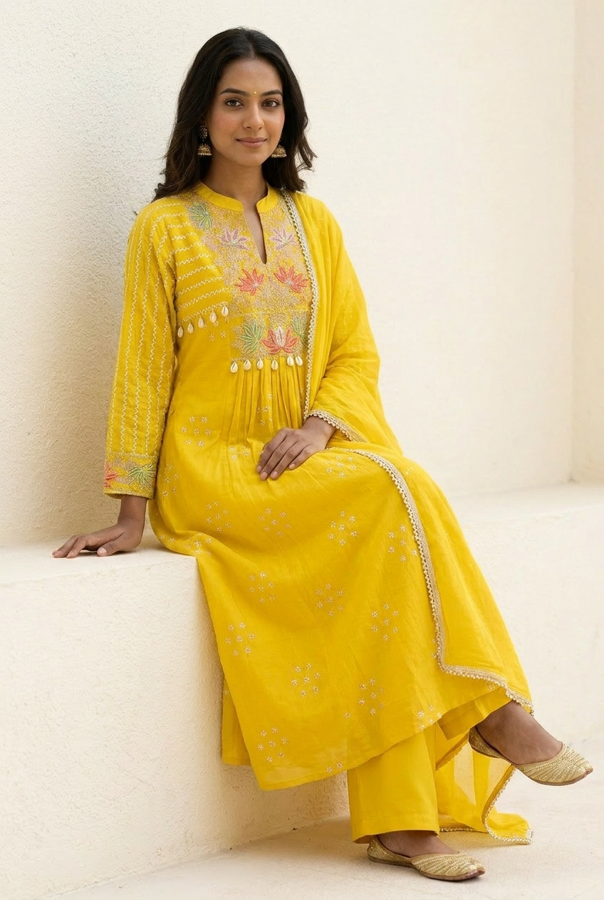 Gulnaar Mul Chanderi Embroidered Yellow 3-Piece Set (Devri – D.No 21087)